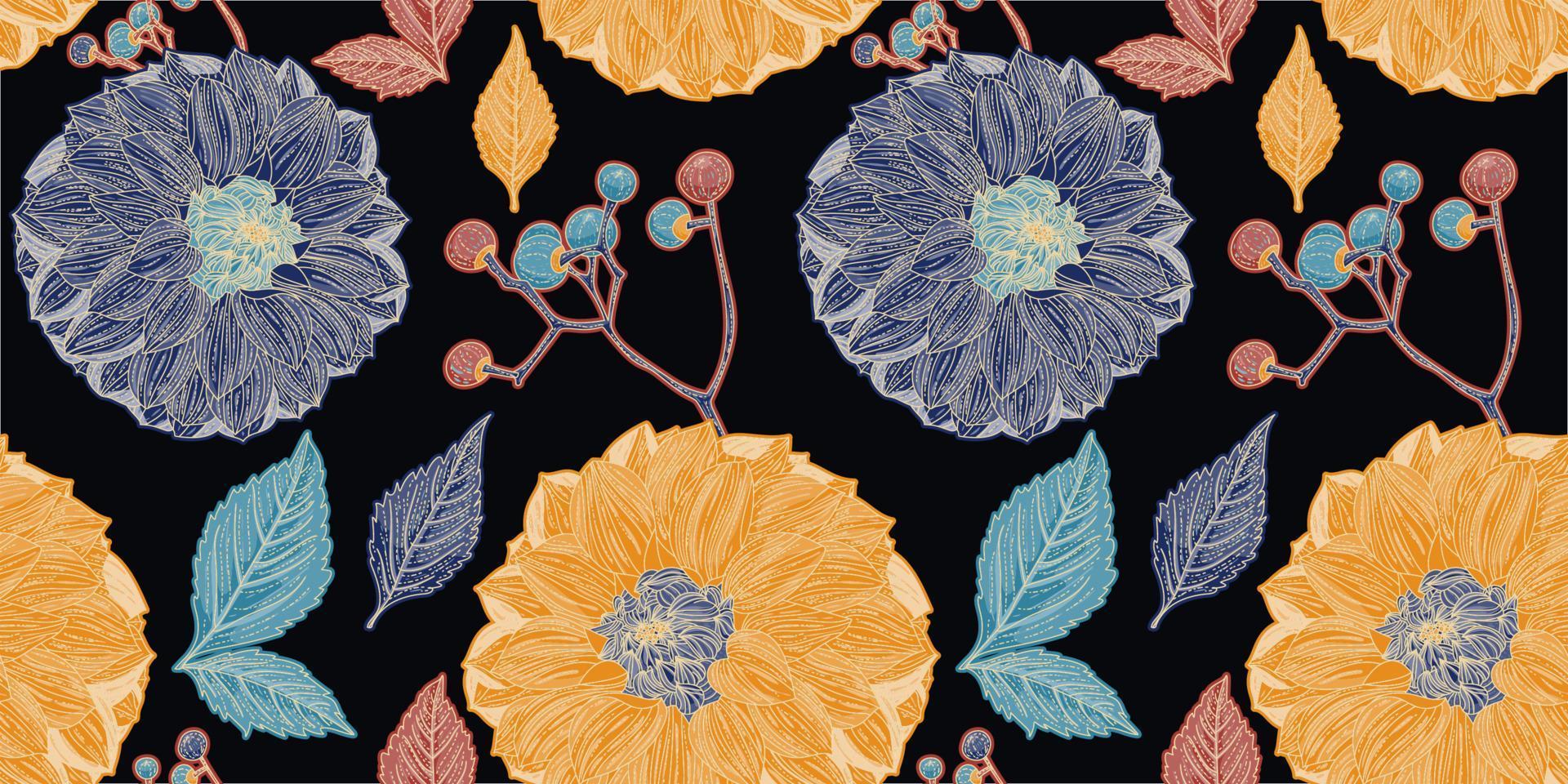 Black seamless pattern of dahlia yellow and blue flowers vector