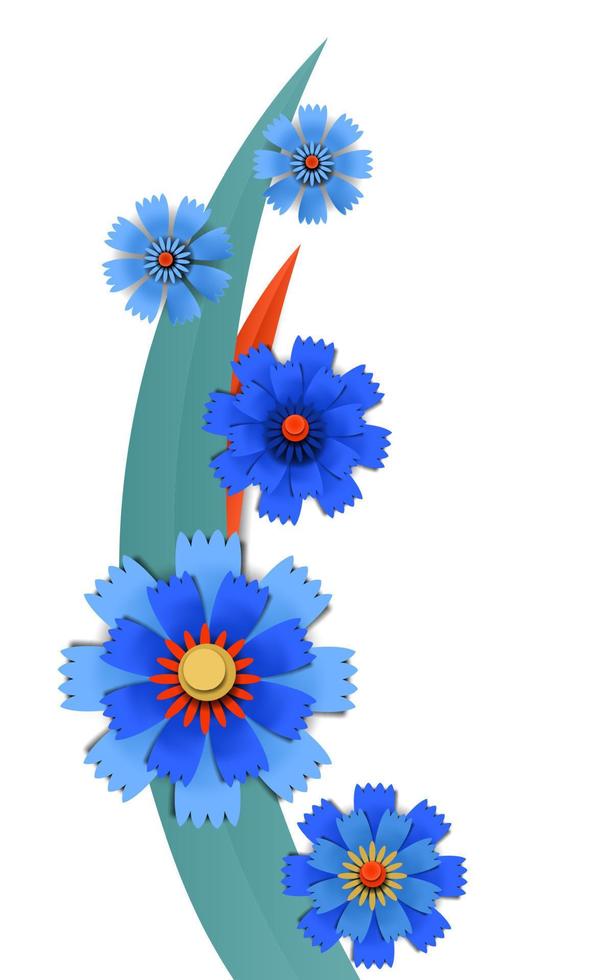 Vector cut paper blue cornflowers in bouquet