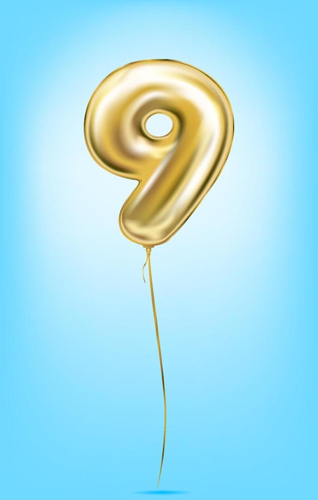 High quality vector image of gold balloon numbers. Digit nine, 9