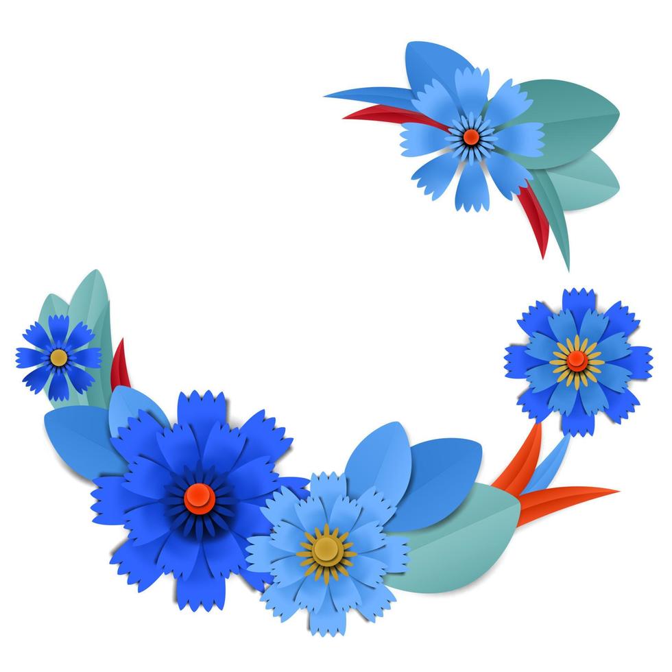 Vector cut paper blue cornflowers in wreath