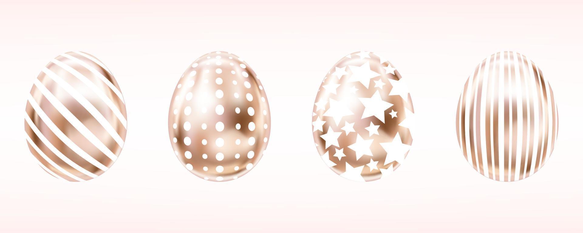 Four glance metallic eggs in pink color with white stripes, dots and stars. Isolated objects for Easter decoration vector