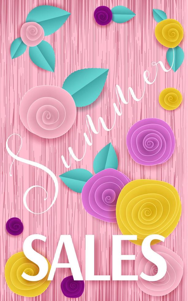 Vector cut paper roses pink Summer Sales banner