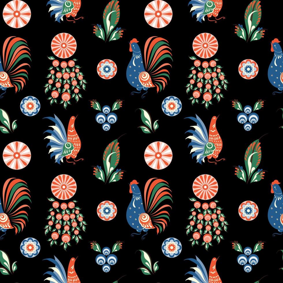 Russian folk seamless pattern with chickens and cockerels on a black field vector