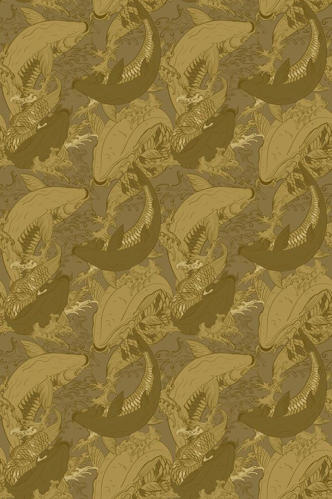 Koi carp fishes Japanese dark gold seamless pattern vector