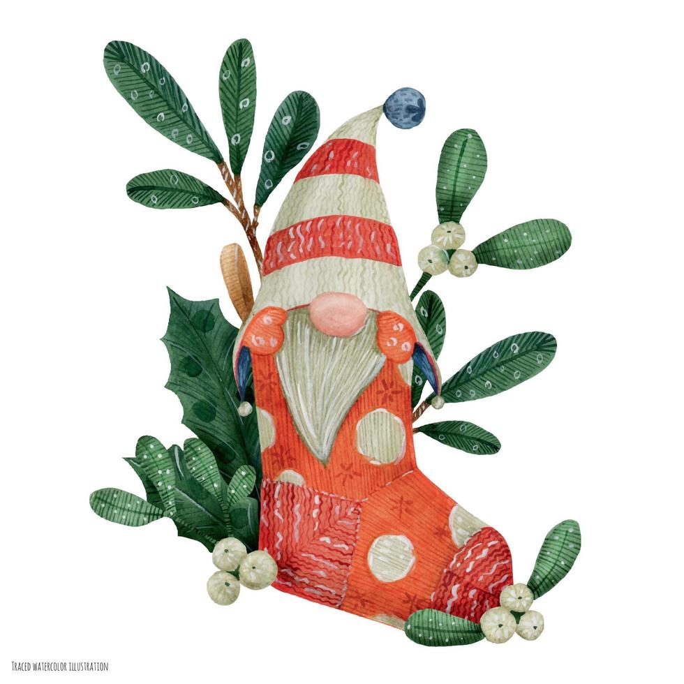 Christmas gnome with funny striped cap, traced watercolor vector