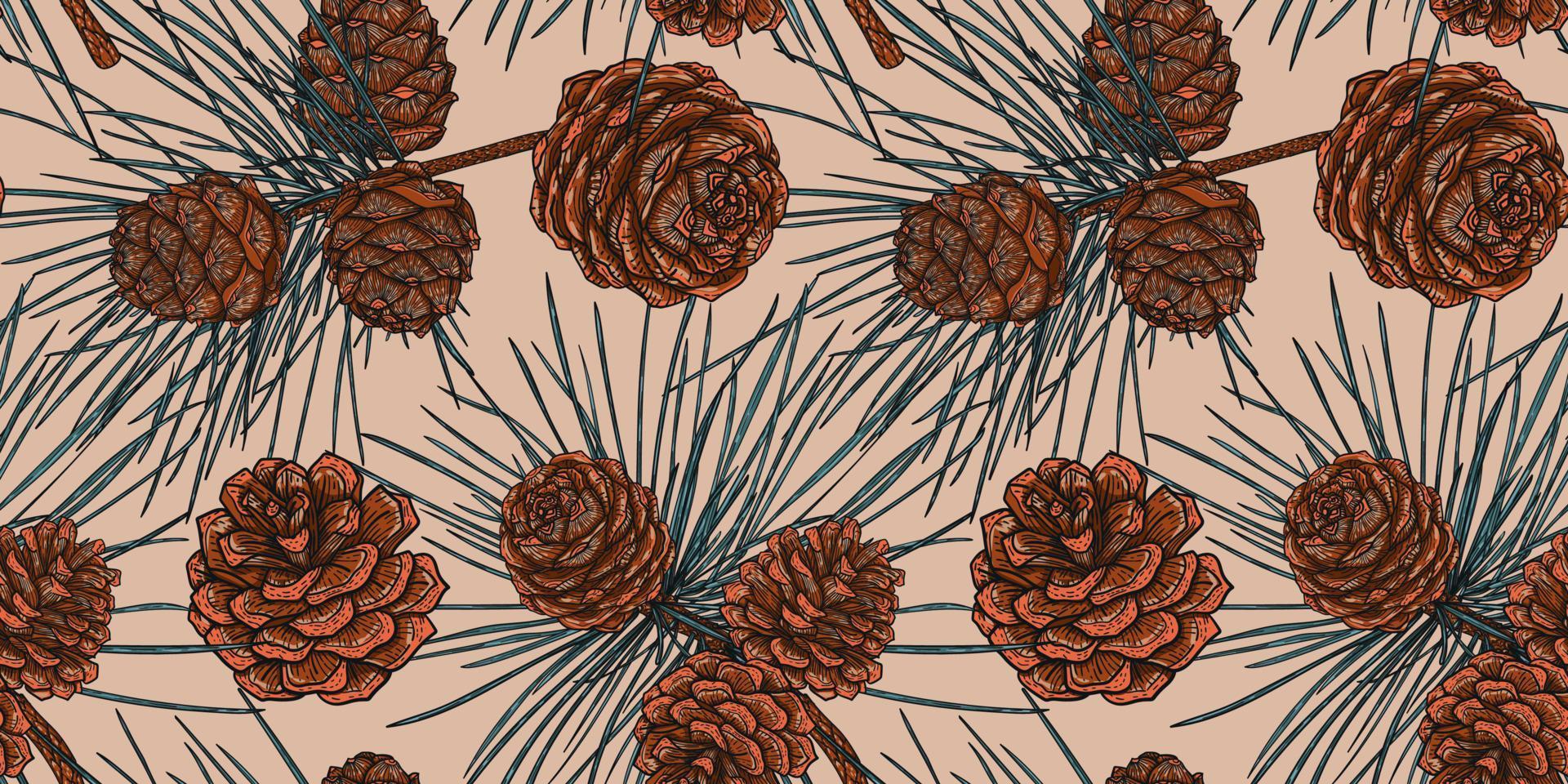 Botanical seamless pattern of Christmas cedar branches with cones, beige background vector