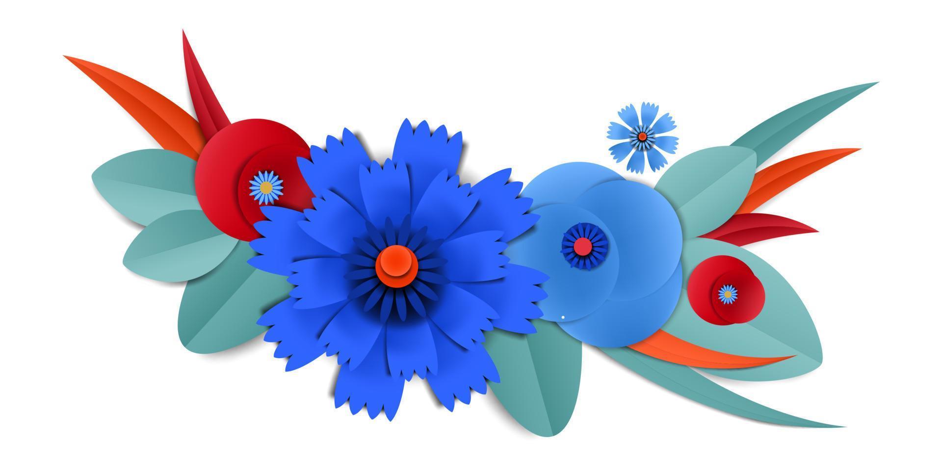 Vector cut paper blue cornflowers in vignette