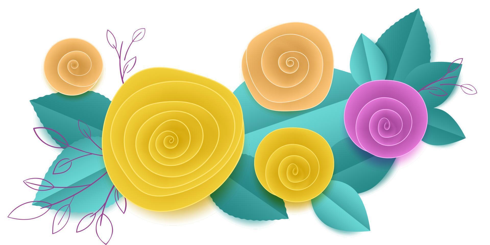 vector cut paper rose flowers in vignette