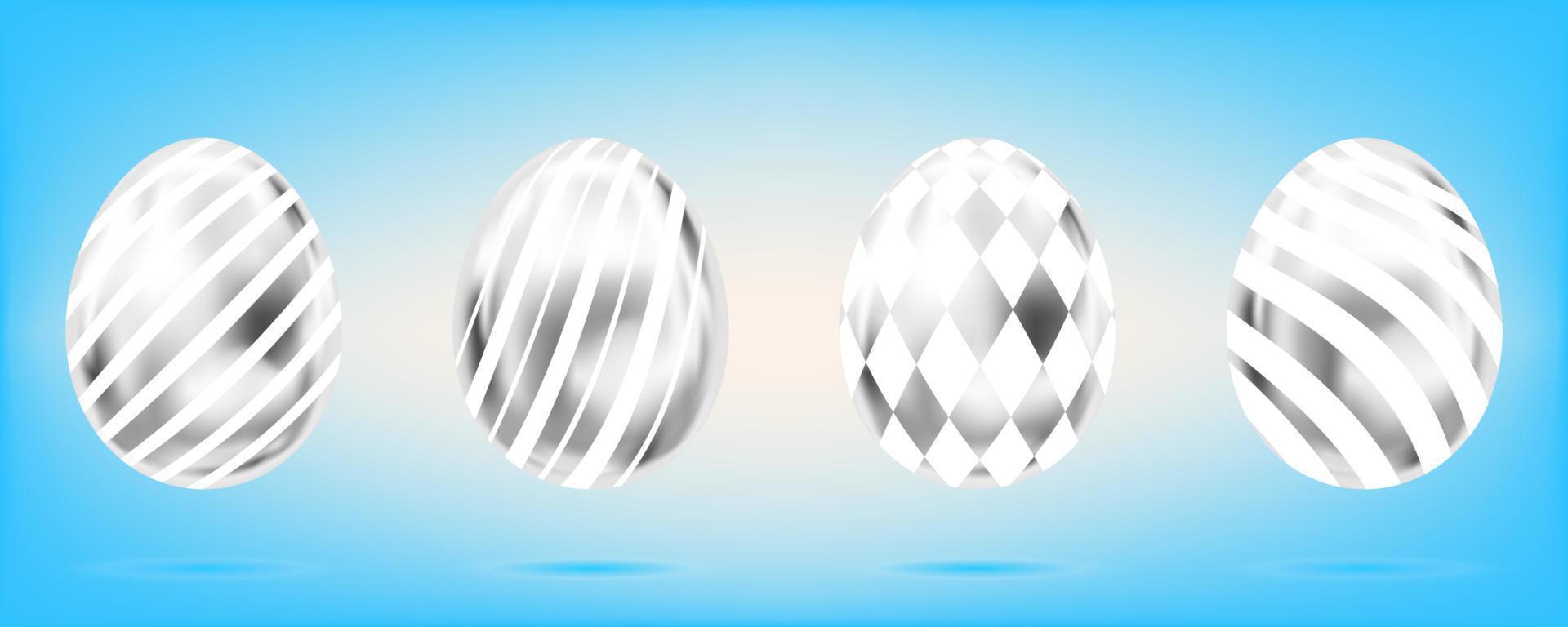 Four silver eggs on the sky blue background. Isolated objects for Easter decoration. Stripes and diamonds ornate vector