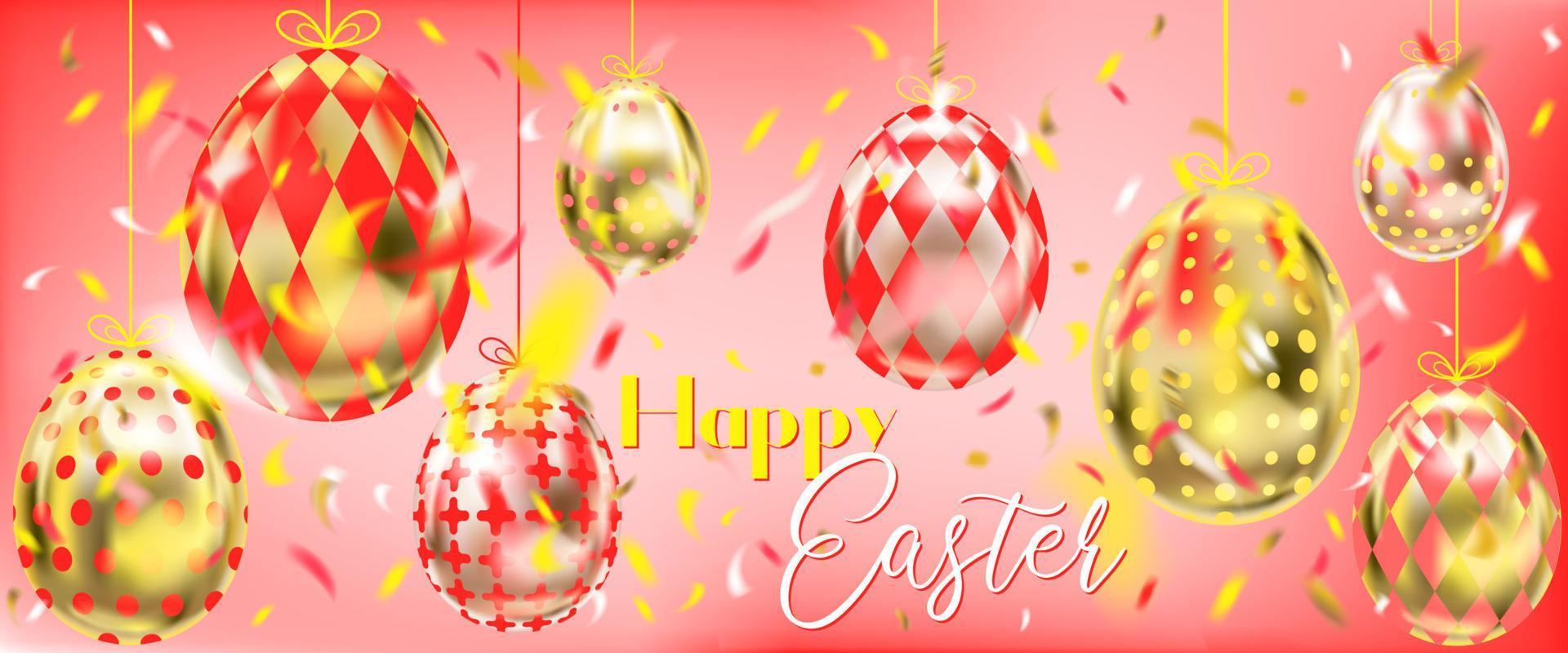 Red Happy Easter banner with golden eggs and confetti vector