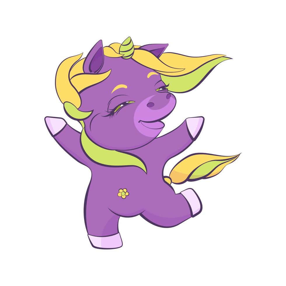 lindo unicornio morado está saltando en el cielo vector