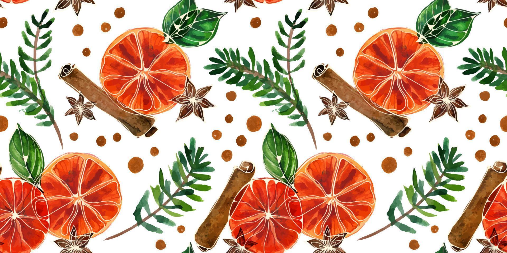 Christmas watercolor seamless pattern with ale and oranges vector