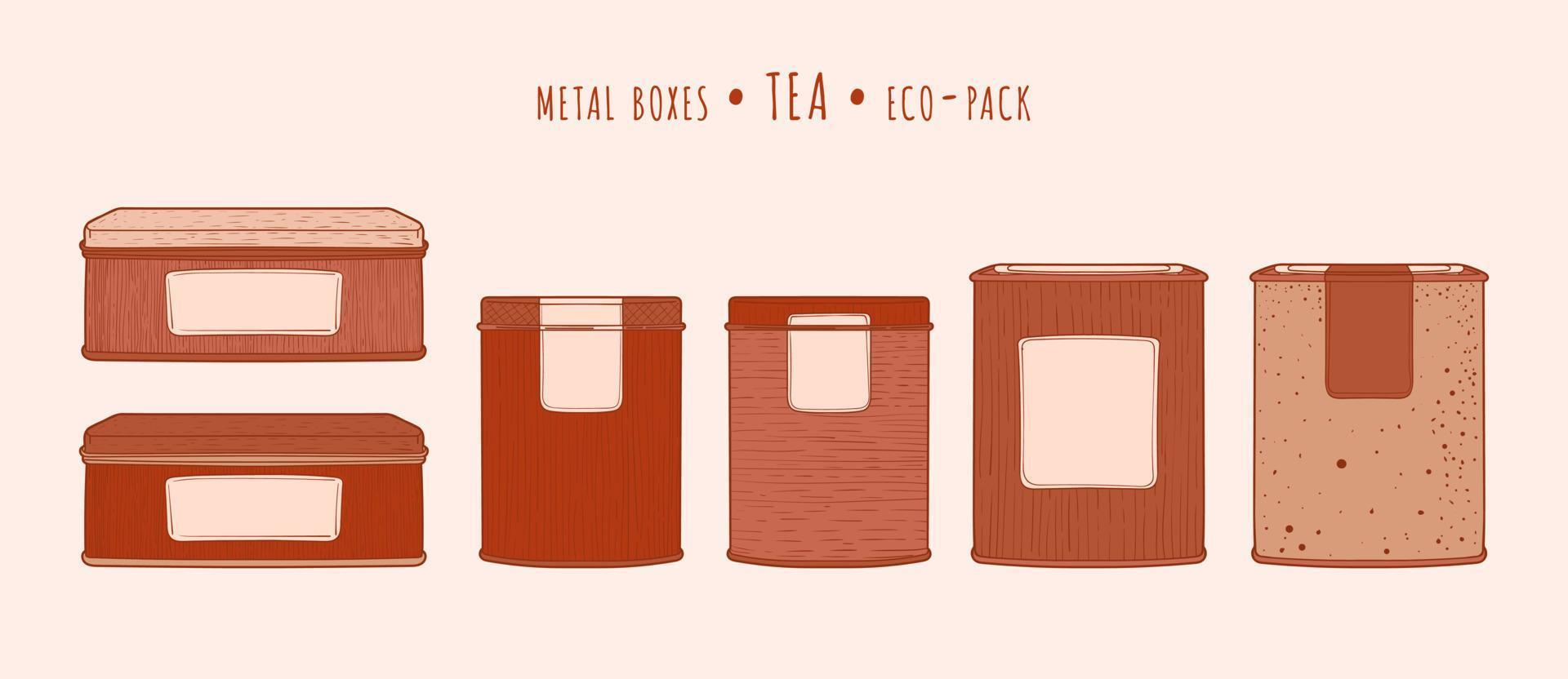 latas cuadradas de metal vintage de té en la técnica dibujada a mano vector