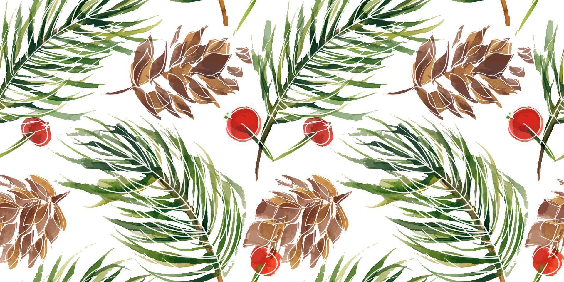 Christmas floral traced watercolor seamless pattern on white background. Fir-tree branch and cones and winter berries. Seamless decor for cute Christmas and New Year greetings and invitations vector