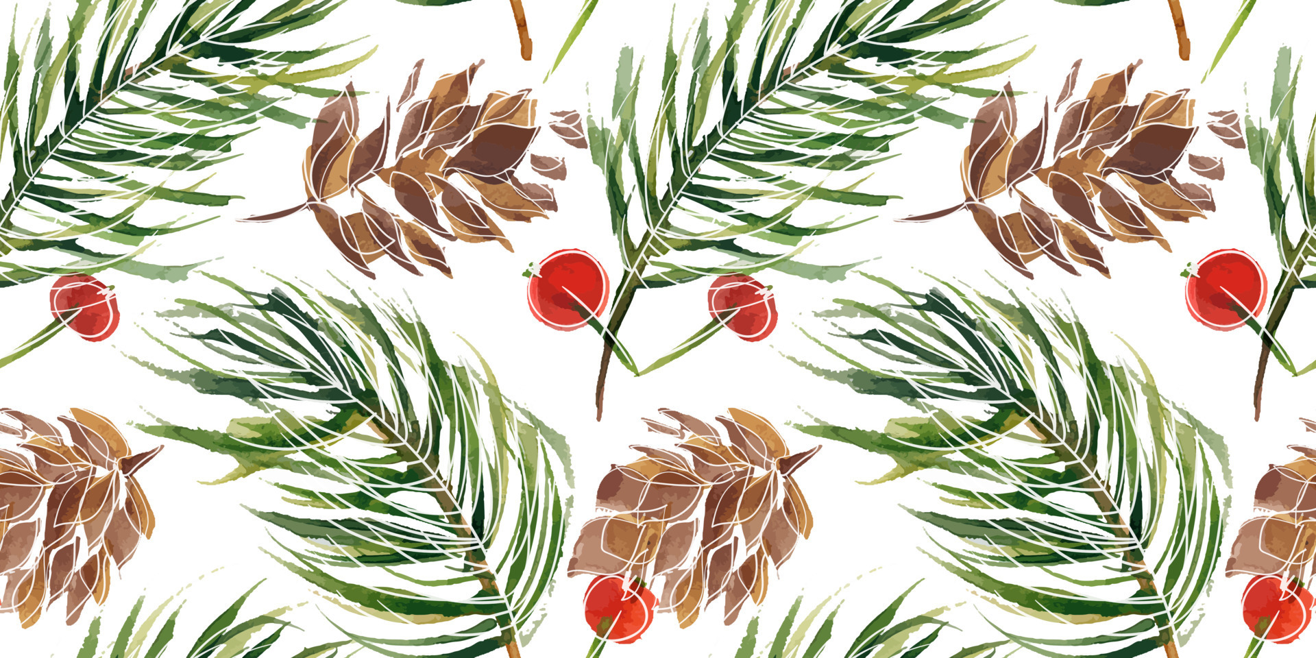 Christmas floral traced watercolor seamless pattern on white background