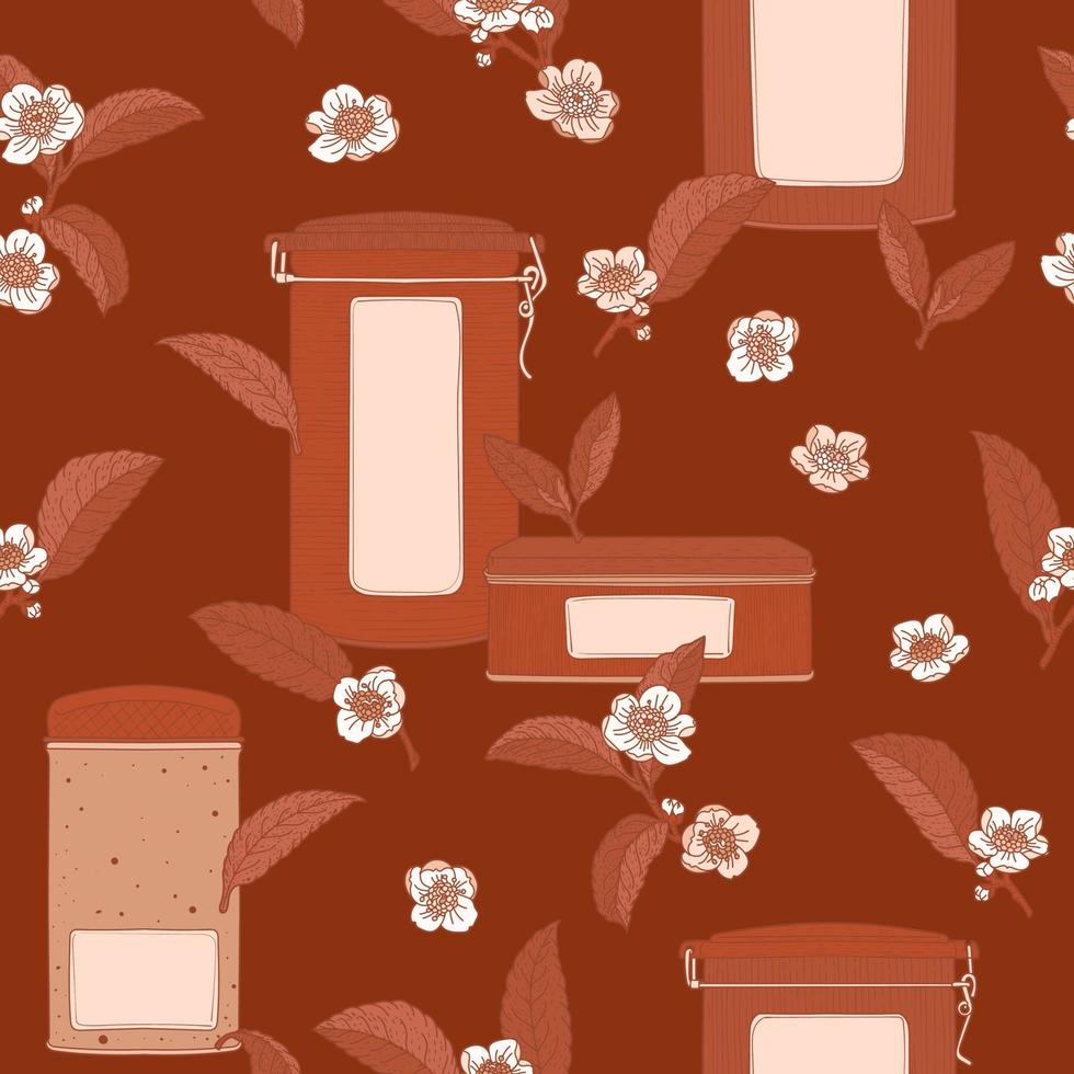 Tea metallic boxes and flowers dark brown seamless pattern vector