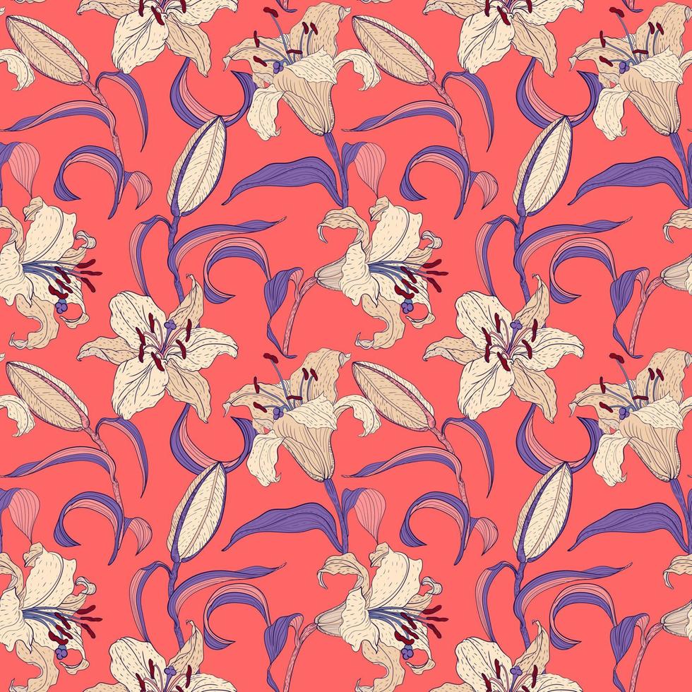 Oriental Lilies floral seamless pattern on a coral background vector
