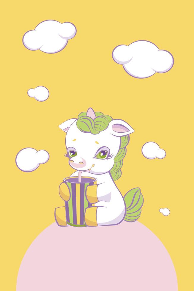 Cute little unicorn drinks a striped glass milkshake. vector