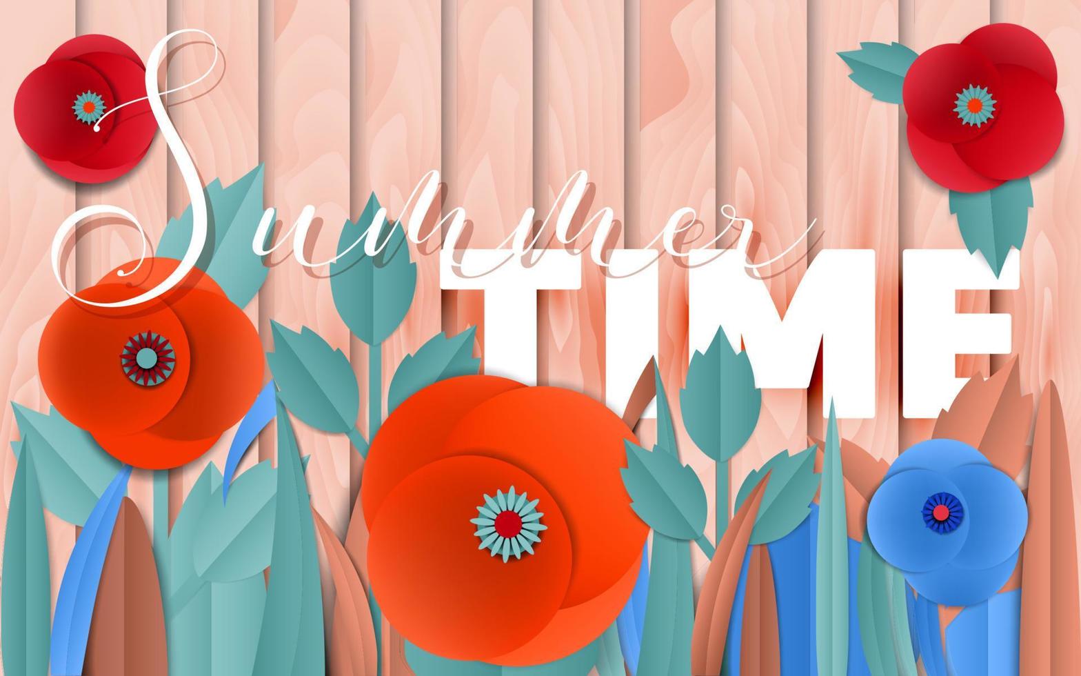 Vector Summer time poster by cut paper poppies