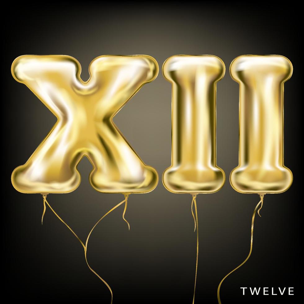 Roman 12 number, gold foil balloon XII form on the black background vector