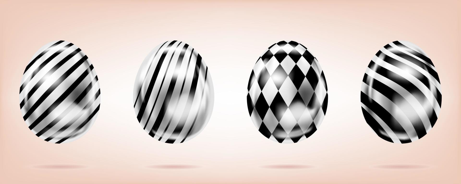 Four silver eggs on the pink background. Isolated objects for Easter decoration. Stripes and diamonds ornate vector