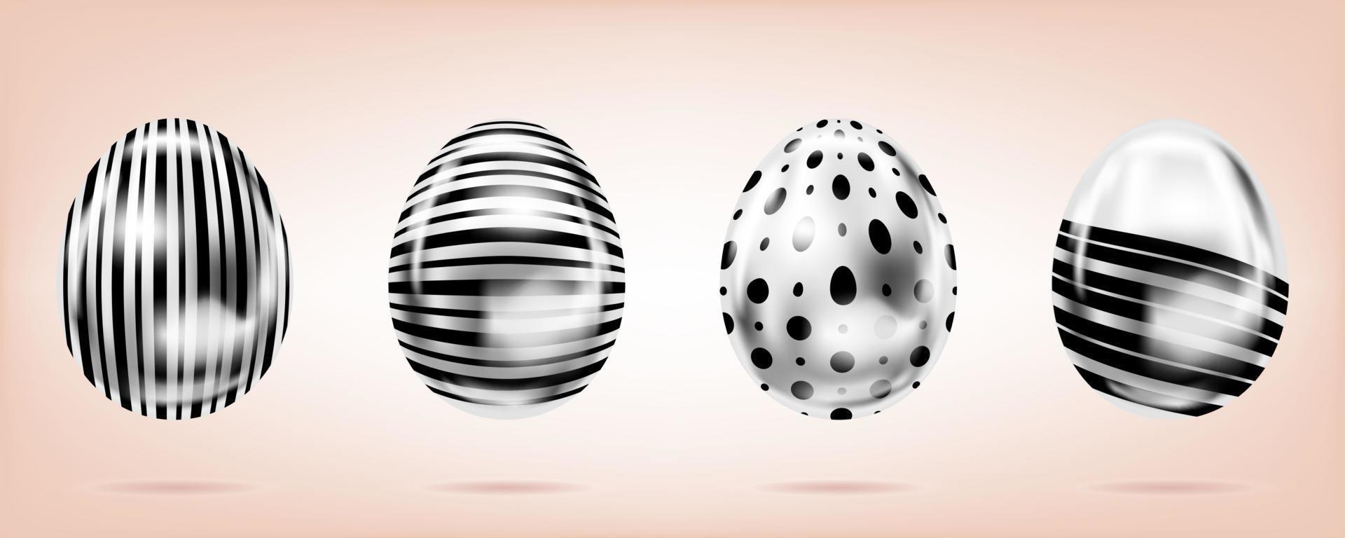 Four silver eggs on the pink background. Isolated objects for Easter decoration. Dots and stripes ornate vector