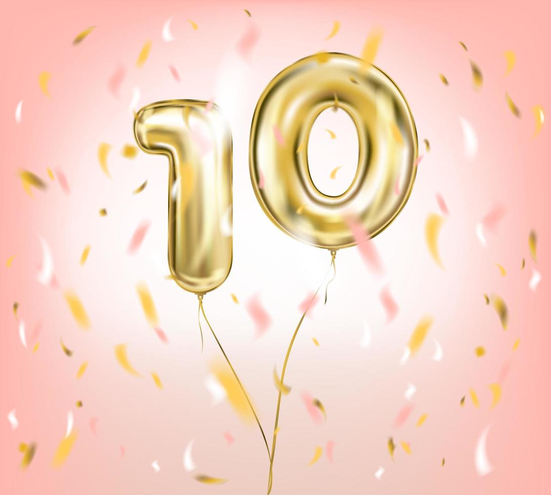 High quality vector image of gold balloon ten. Design for anniversary, sales and any events, pink background