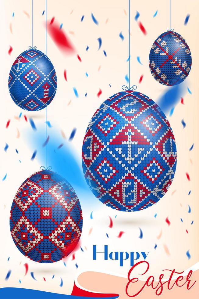 Easter eggs with knitting pattern and colored confetti in the sky vector