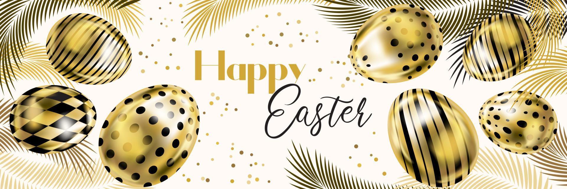 Happy Easter banner with golden eggs and palm branches on the white vector