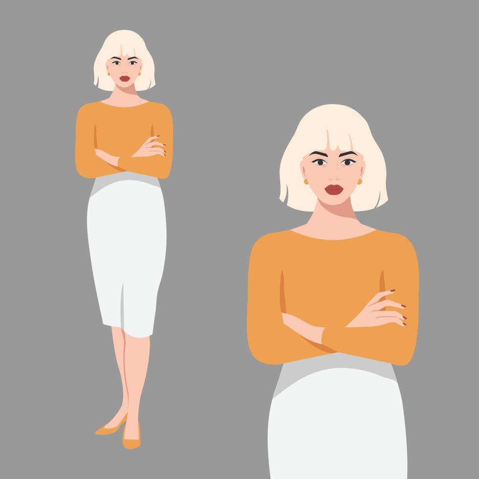 hermosa chica con camisa de moda y estilo de falda en dos variantes. mujer bonita en un estilo realista. vector