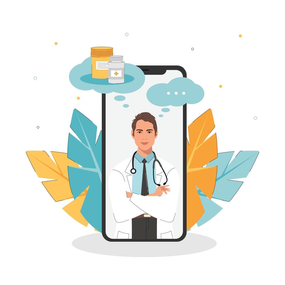 Doctor's appointment. Online consultation. Modern health technology. Hospital. Young man character doctor on smartphone screen. vector
