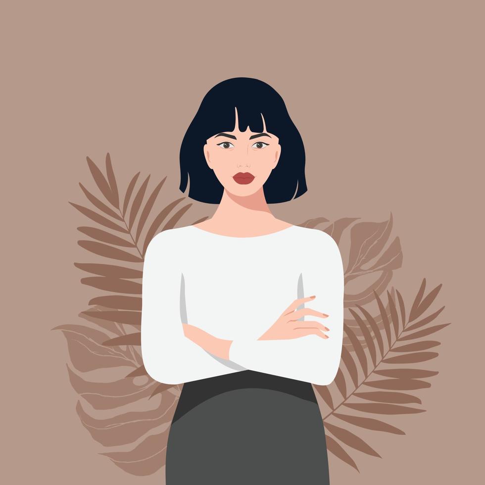 Business woman in suit, shirt and skirt, posing against on tropical brown background. Beautiful successful girl in realistic style. vector