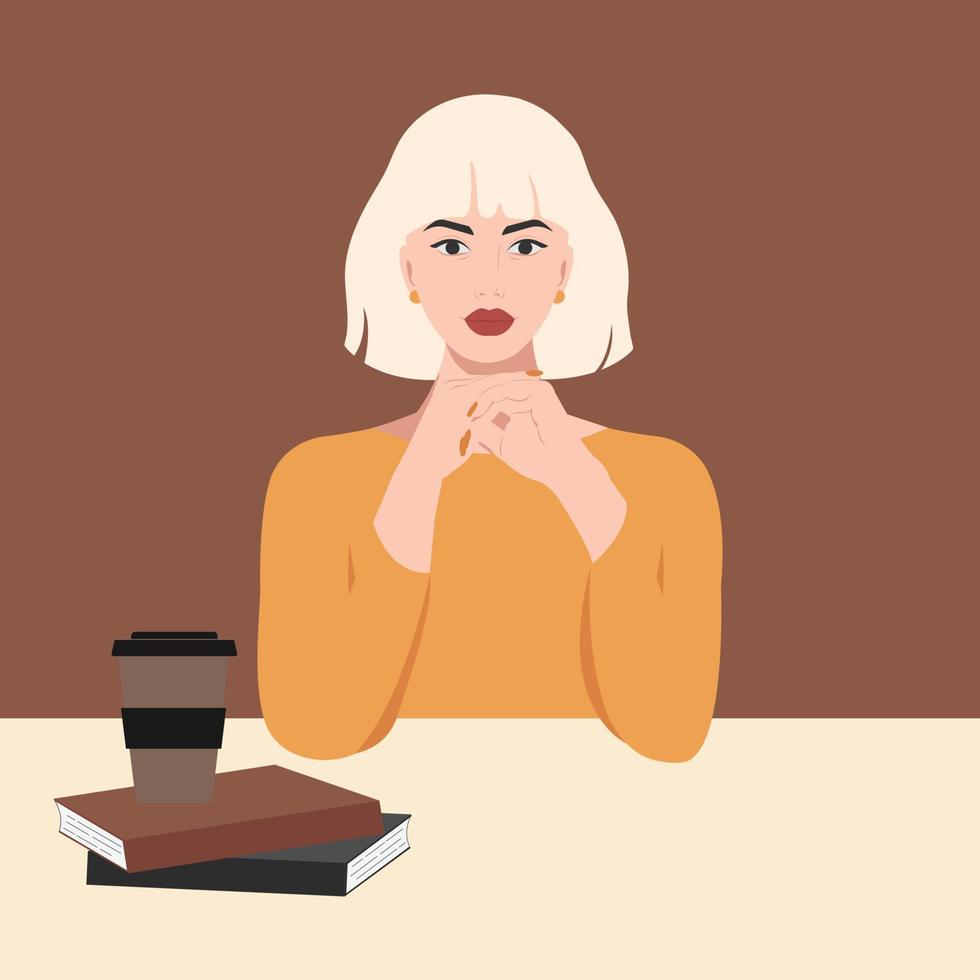 Beautiful blonde girl sitting at a table with books and coffee in trendy colours. The illustration is in a realistic style. vector