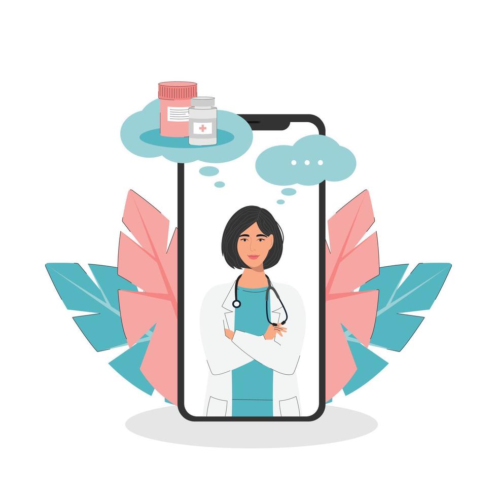 cita con el médico. consulta en línea. tecnología de la salud moderna. hospital. joven personaje femenino doctora o ginecóloga en la pantalla del teléfono inteligente. vector