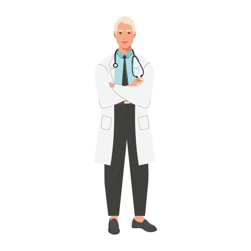 un joven médico sonriente con un estetoscopio, un médico especialista. concepto médico. personaje en un estilo moderno y plano. vector