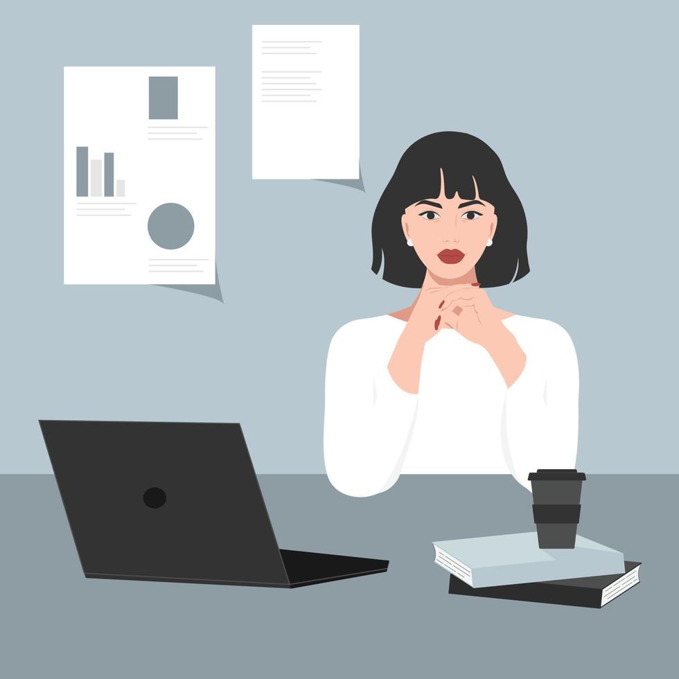 Business woman in a shirt, sitting at her desk with her laptop and coffee. Beautiful successful girl in realistic style. vector