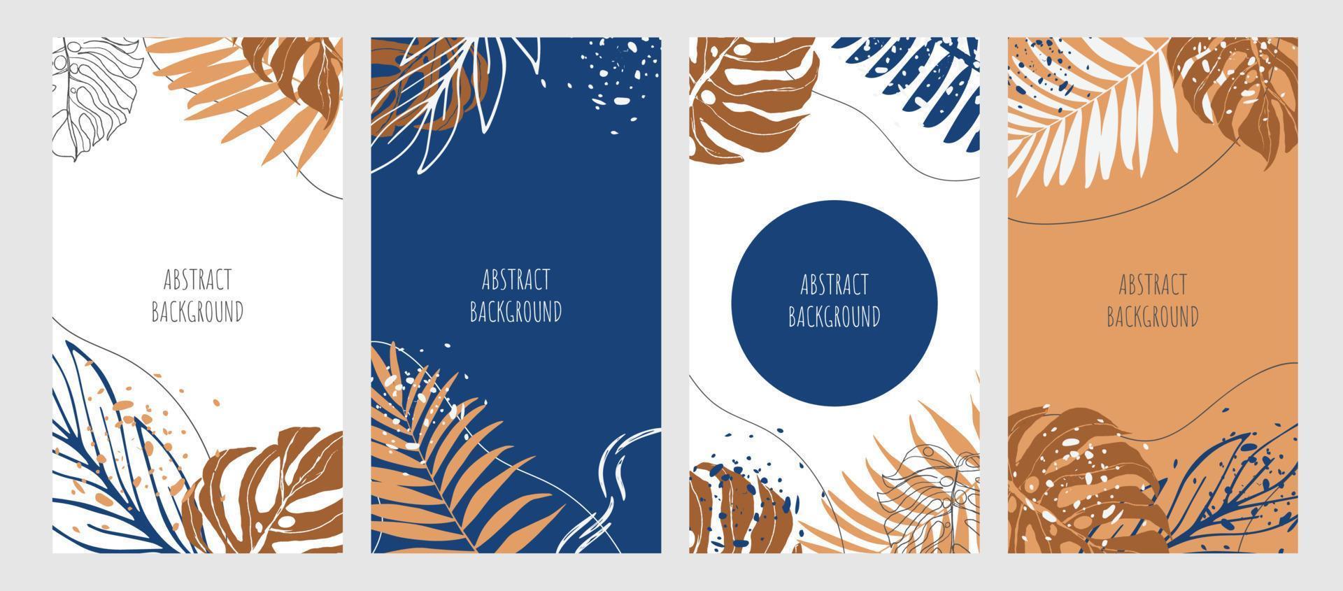 Botanical set. Trendy abstraction editable template for social media stories, tropical leaves, green, orange, earthy colours. Vector illustration. Social media background design