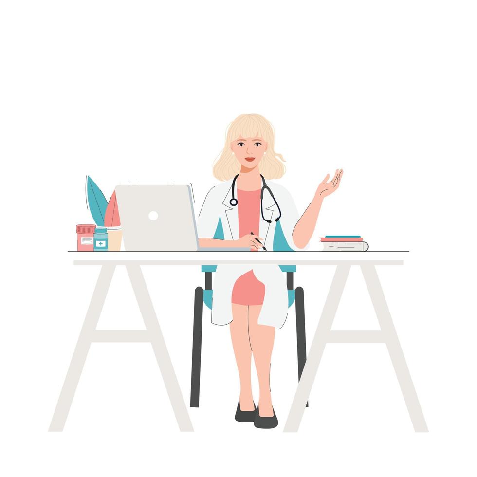 A female doctor in a white uniform sits at her desk and gives online advice. The concept of online medicine. vector