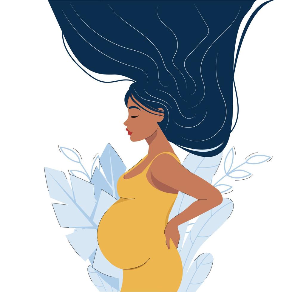 ilustración vectorial plana. mujer embarazada feliz, futura madre. decorado con hermosas hojas. vector