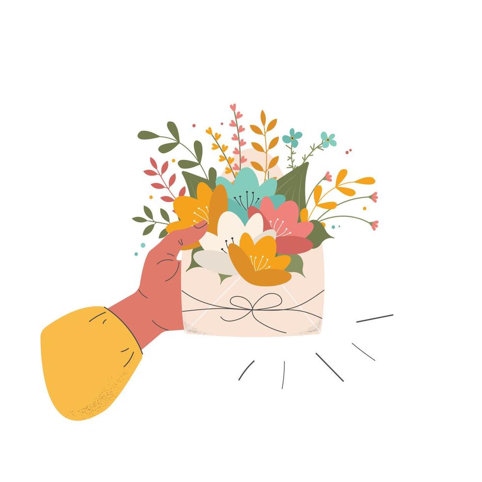 A hand holds an envelope with a bouquet of spring flowers inside. Flat cartoon vector illustration in on-trend colours for a romantic or greeting card.