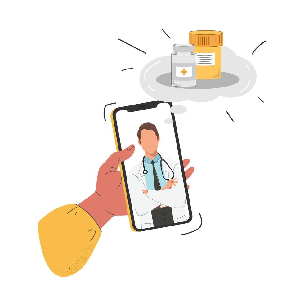 A man is holding a telephone in his hand. There is an online consultation and advice from the doctor on the phone. vector
