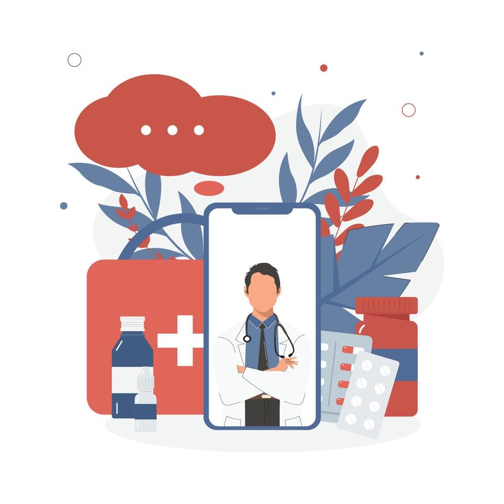 Face-less doctor on phone screen and flat style medicine. Online medicine, healthcare, medical diagnostics. vector