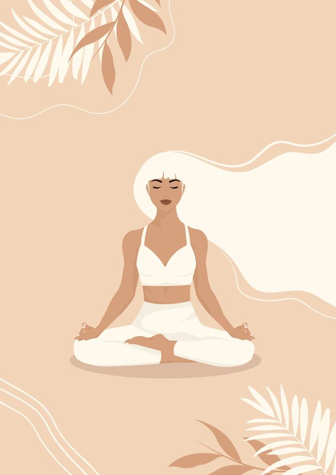 chica en pose de loto con cabello blanco en colores pastel. ilustración vectorial de un afiche para las celebraciones del día internacional del yoga. vector