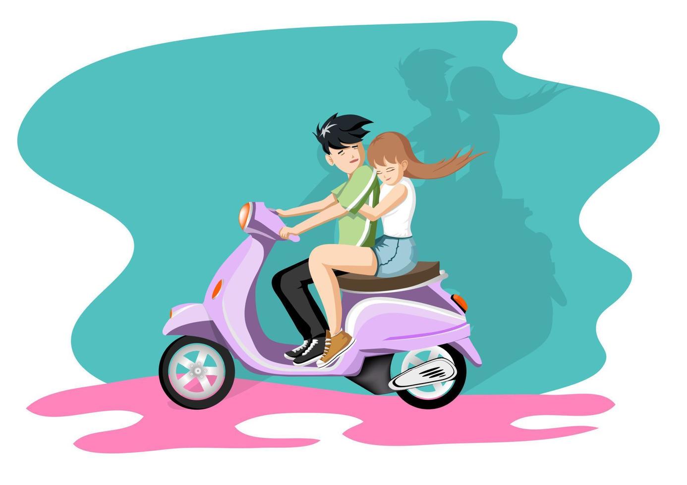 Young happy free couple in love on scooter, Cartoon Vector flat design isolate on white background