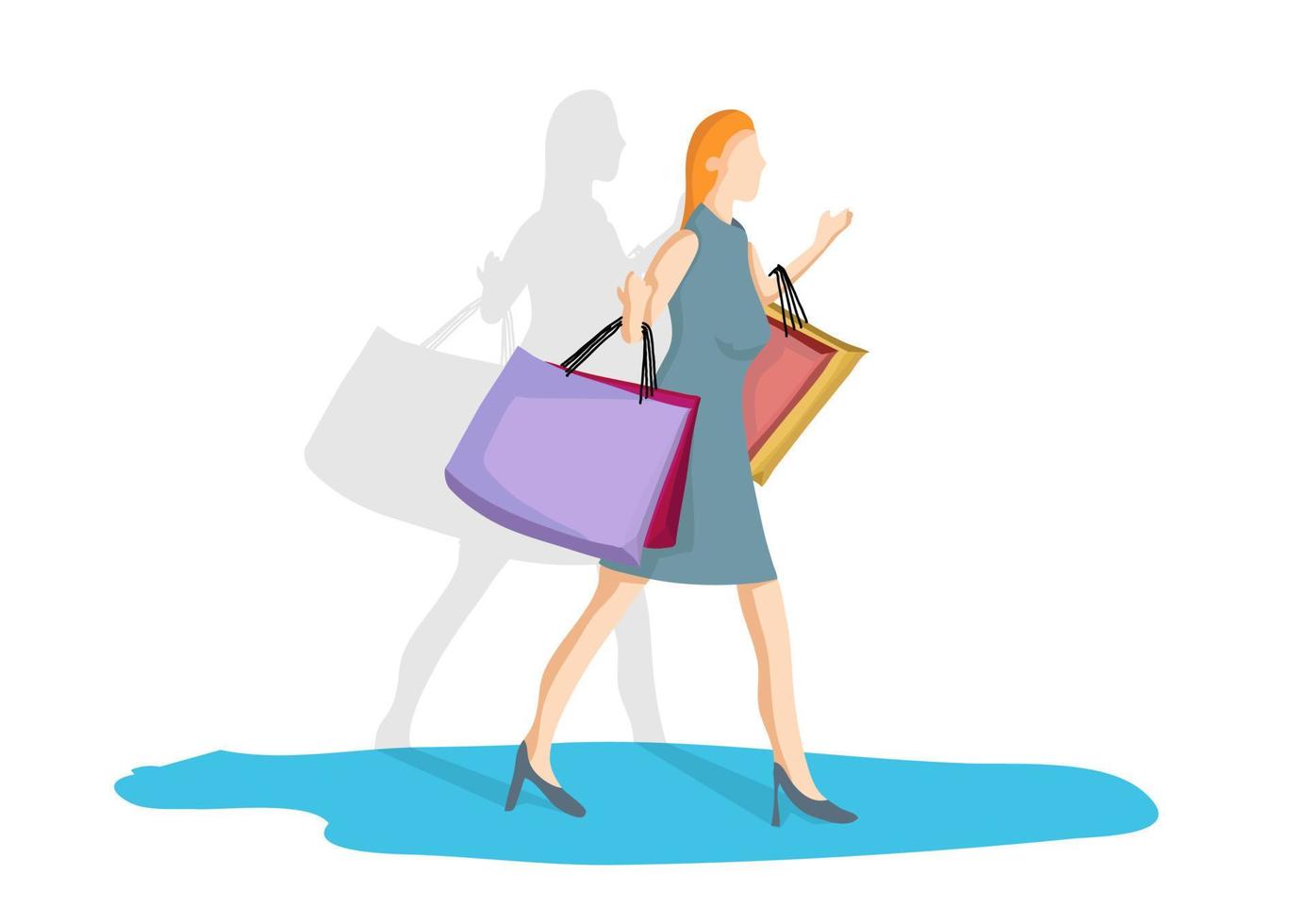 chica de compras con bolsas de compras en ventas, diseño plano de ilustración vectorial aislado en blanco con camino de recorte vector