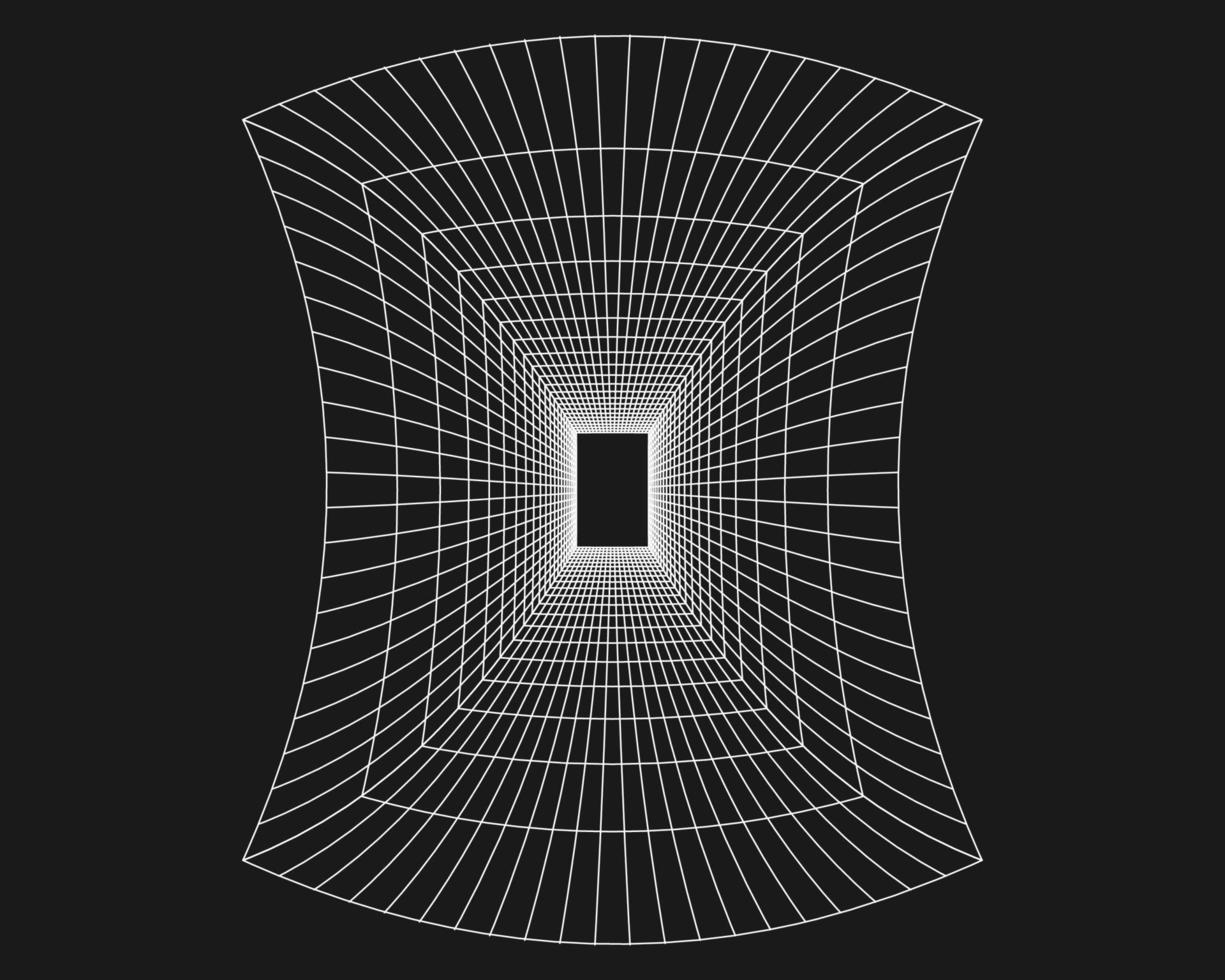 Cyber grid, retro punk perspective rectangular tunnel. Grid tunnel geometry on black background. Vector illustration.