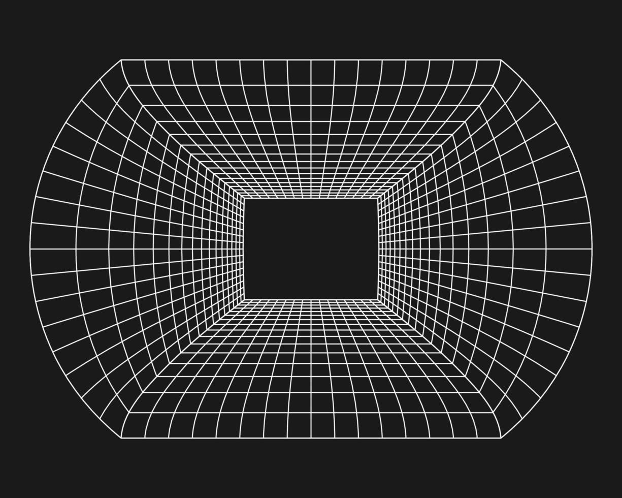 Cyber grid, retro punk perspective rectangular tunnel. Grid tunnel geometry on black background. Vector illustration.