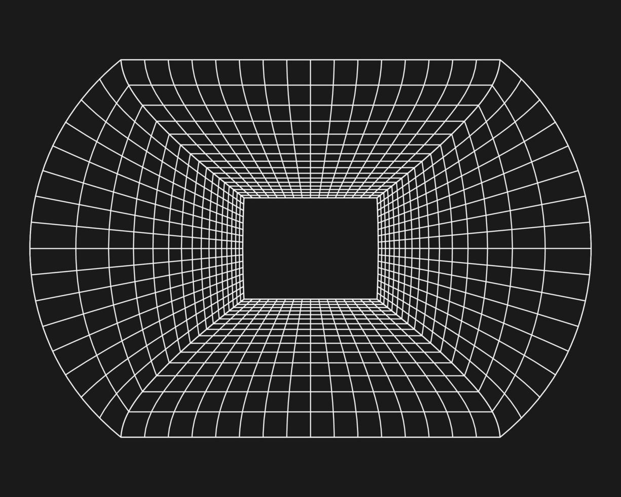 Cyber grid, retro punk perspective rectangular tunnel. Grid tunnel geometry on black background. Vector illustration.