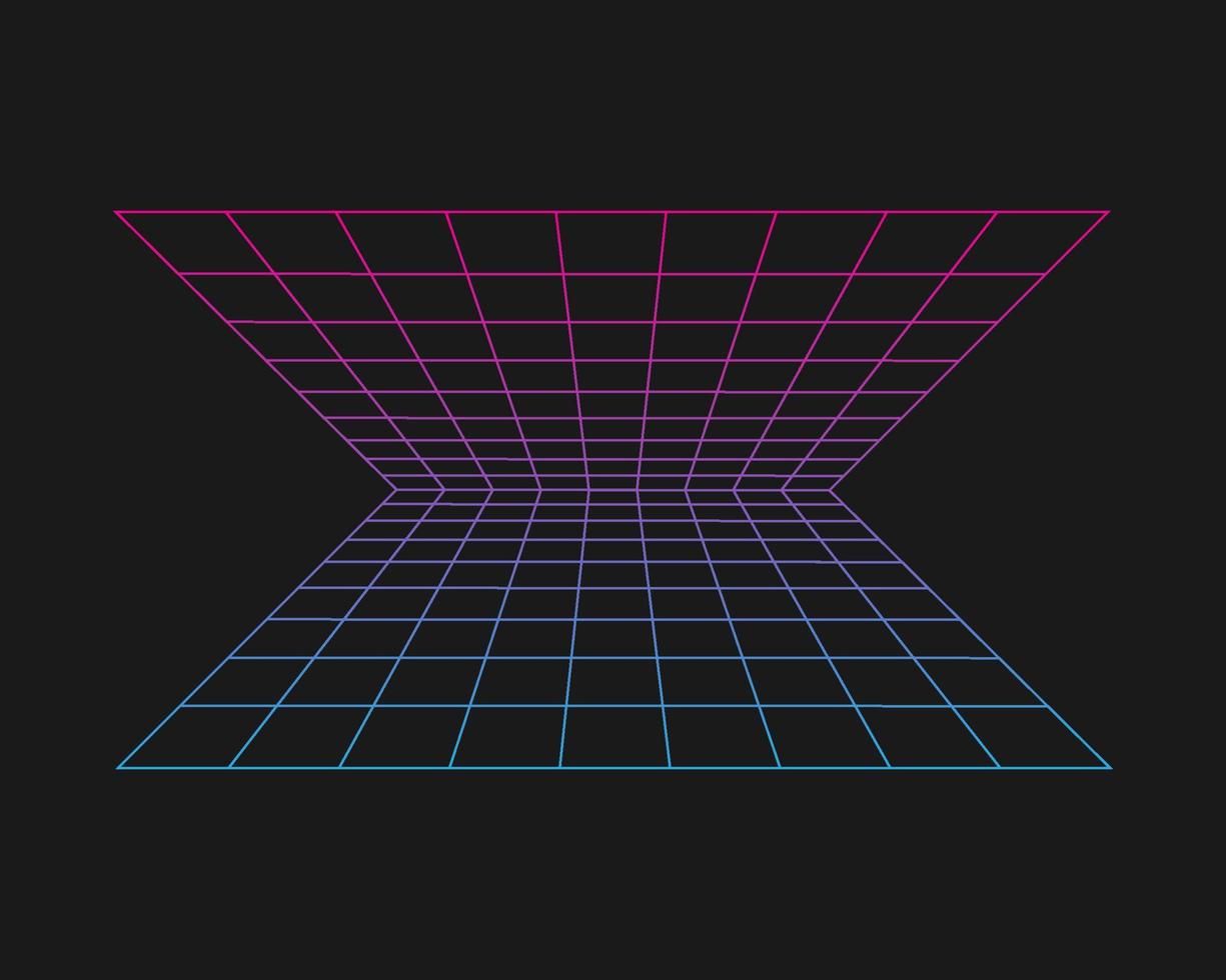 Cyber grid, retro punk perspective rectangular tunnel. Grid tunnel geometry on black background. Vector illustration.