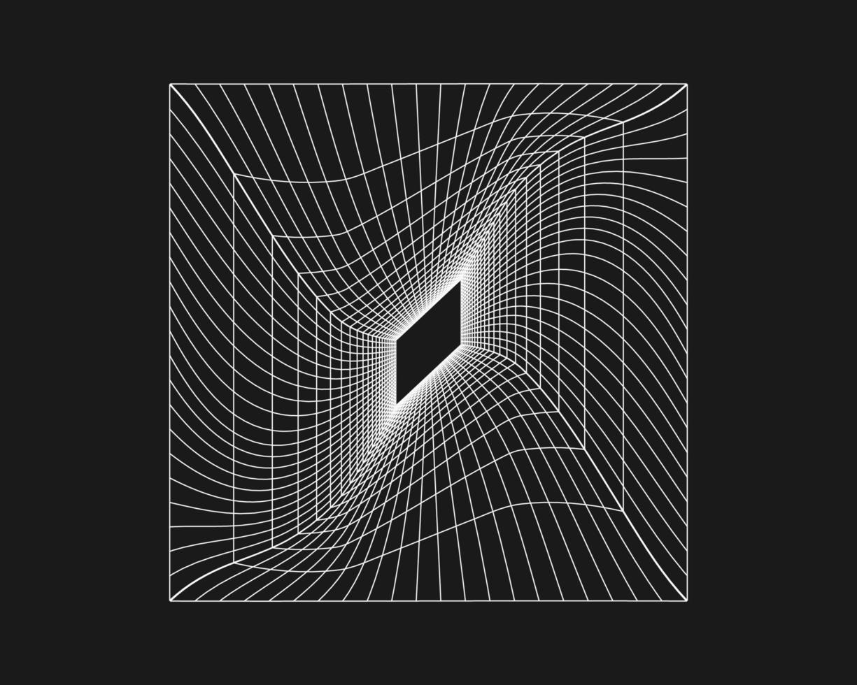 Cyber grid, retro punk perspective rectangular tunnel. Grid tunnel geometry on black background. Vector illustration.